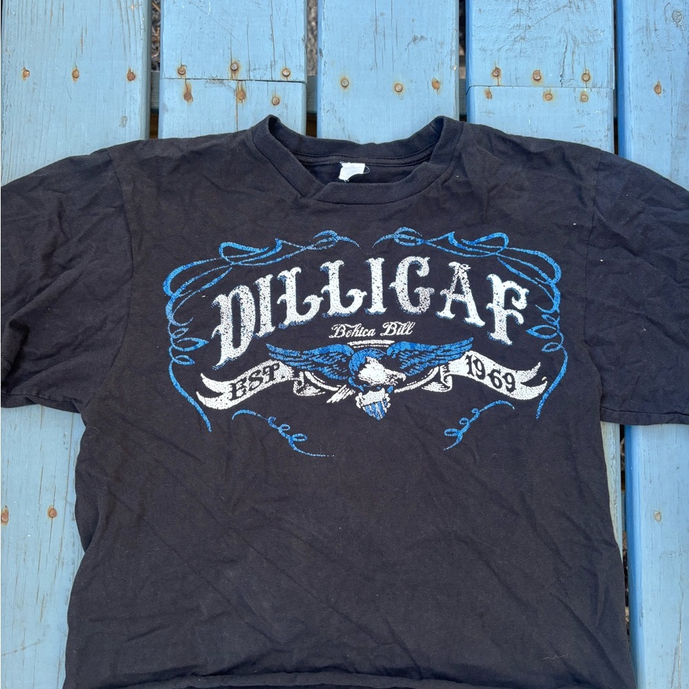 Black Graphic T-Shirt with Blue and White Design